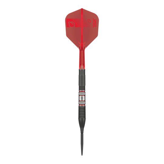 Šipky Target Gabriel Clemens 95K Swiss Point Steel Das Bild zeigt einen Target Gabriel Clemens 95K Swiss Point Steeldart. Der Dart hat eine schwarze Spitze, einen schwarz-silbernen Schaft und auffällige rote Flights.