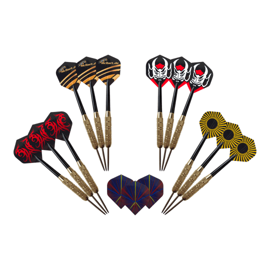 McDart Golden Star Steeldarts - 12 Darts mit 18 Gramm sind auf diesem Bild zu sehen. Das Bild zeigt eine Auswahl von zwölf goldfarbenen Steeldarts.