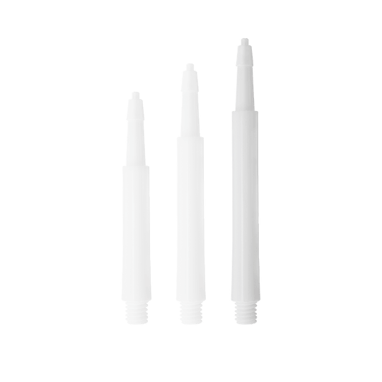 HRC12633W_Harrows_Clic_Standard_Shafts_Weiss_23mm_1HRduHnR5Wr7Ax Das Bild zeigt drei weiße Harrows Clic Standard Shafts in unterschiedlichen Längen. Die Shafts sind für den Einsatz bei Darts gedacht.