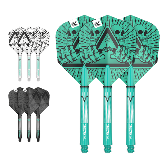 Sada pro letovou hřídel Target Ink Rob Cross Das Bild zeigt drei Sätze von Dartflights und -schäften in unterschiedlichen Farben und Designs. Die größten Flights haben ein auffälliges grünes Motiv mit einem Totenkopf und einer Hand.