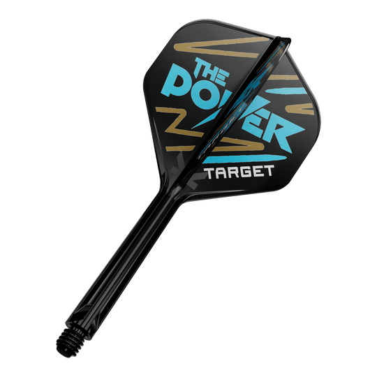 Système de flèche standard Target K-Flex Phil Taylor n° 2 Auf dem Bild ist ein Dartpfeil mit schwarzer Flight zu sehen. Auf der Flight steht in blauer und weißer Schrift "The Power" und "Target" mit goldenen Zierstreifen.