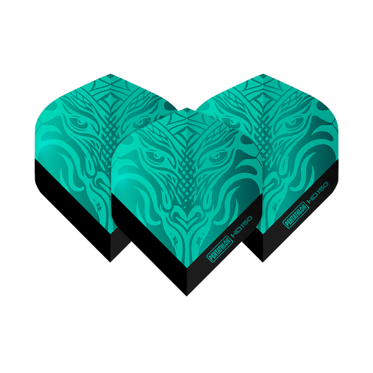 Pentathlon HD150 Metallic Aqua Standardní letky Das Bild zeigt drei Dart-Flights des Produkts "Pentathlon HD150 Metallic Aqua Standard Flights". Sie sind in einer metallic-aqua Farbe mit einem auffälligen Muster gestaltet.