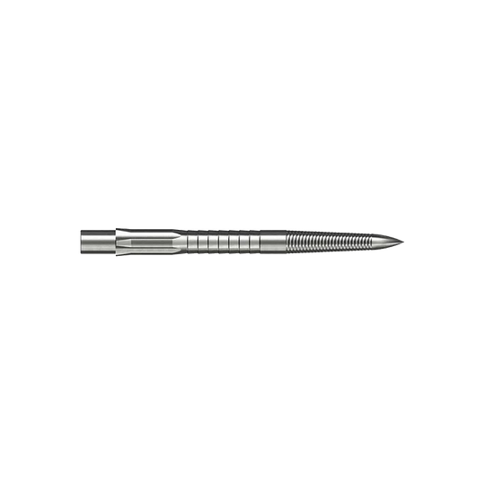 Puntas de dardos Caliburn System de acero - Micro Grip - Plateadas Das Bild zeigt eine silberne Steeldartspitze mit feinem Mikrorillen-Grip. Die Spitze ist gerade und hat eine Länge von 28 mm.