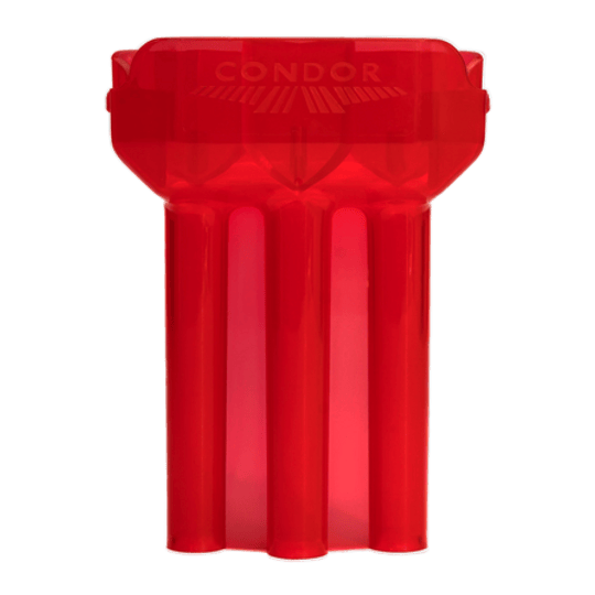 Condor DUAL Dartcase Das Bild zeigt ein rotes, durchsichtiges Dart-Etui der Marke Condor. Das Etui hat drei längliche Fächer für Dartpfeile.