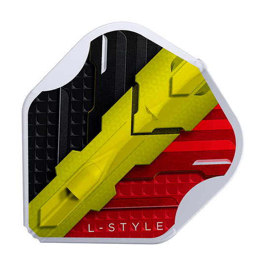 Dies ist ein Dartflight mit den Farben Schwarz, Gelb und Rot im Design der belgischen Flagge. Am unteren Rand steht in Weiß der Schriftzug "L-STYLE".