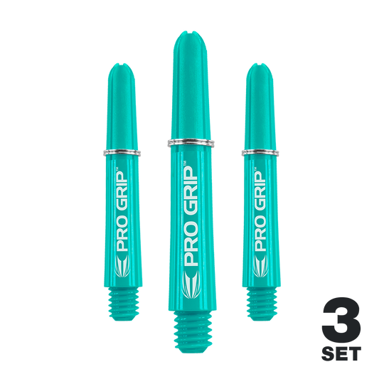 Target Pro Grip Shafts - 3 set - Aqua Auf dem Bild sind drei aqua-blaue Pro Grip Shafts für Darts zu sehen. In der rechten unteren Ecke steht "3 SET".