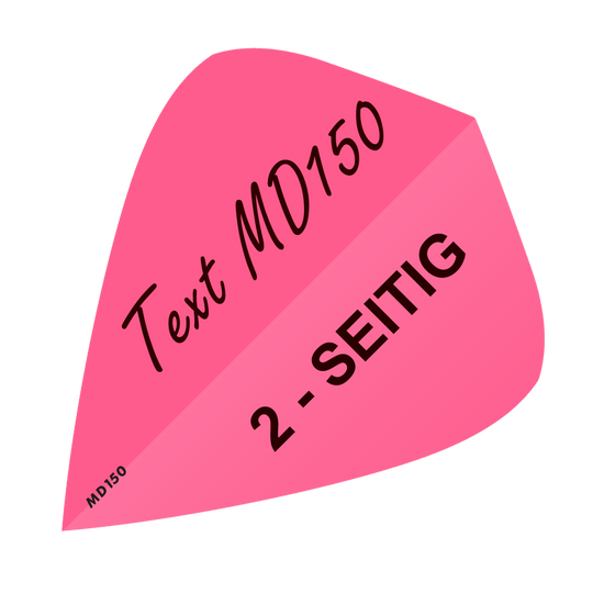 MD-302_2-Seitig_Bedruckte_Flights_Wunschtext_MD150_Pink_Kite_1 Das Bild zeigt einen pinken Dartflight in Kite-Form mit schwarzem Aufdruck. Darauf steht "Text MD150" und "2-SEITIG".