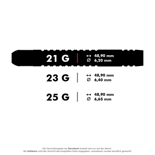 190224-_Target_Dimitri_Van_Den_Bergh_GEN2_Swiss_Point_Steeldarts_5_21g Das Bild zeigt die technischen Daten von Steeldarts in den Gewichten 21 g, 23 g und 25 g. Die Darts sind jeweils 48,90 mm lang und haben je nach Gewicht unterschiedliche Durchmesser: 6,20 mm, 6,40 mm und 6,65 mm.