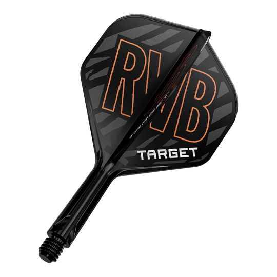 Targetový K-Flex Standardní letový hřídel Raymond Van Barneveld No2 Das Bild zeigt einen schwarzen Dartflight mit der Aufschrift "RVB" in orange. Darunter steht das Wort "TARGET" in weißen Buchstaben.