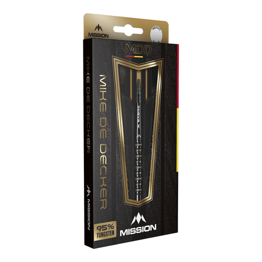 Die Abbildung zeigt die Verpackung der "Mission Mike De Decker MDD Black Gold Softdarts - 20g". Die elegante Box hebt das Design der Darts sowie den hohen Tungsten-Anteil von 95 % hervor.