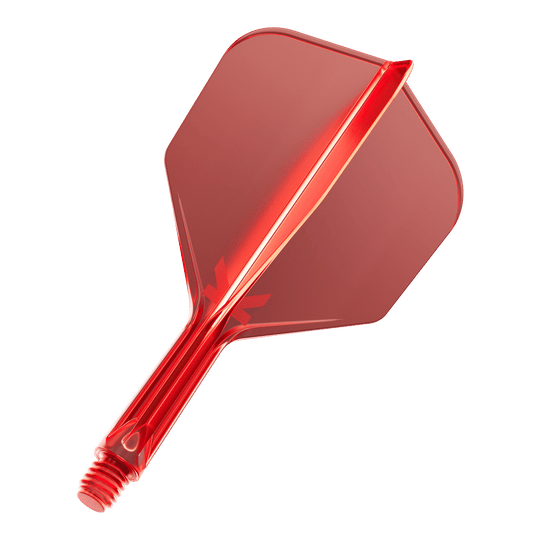 Système de vol Target K-Flex No6 - Rouge Das Bild zeigt einen roten Dartflug mit integriertem Schaft. Der Dartflug hat eine glänzende Oberfläche und ist aus Kunststoff gefertigt.