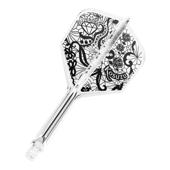 Target Japan K-Flex Diamond No6 Flight Shaft System Dies ist ein transparenter Dartpfeil mit schwarzem, detailreichem Design auf der Flight-Fläche. Auf dem Flight sind unter anderem ein Diamant, Rosen und Schriftzüge zu sehen.