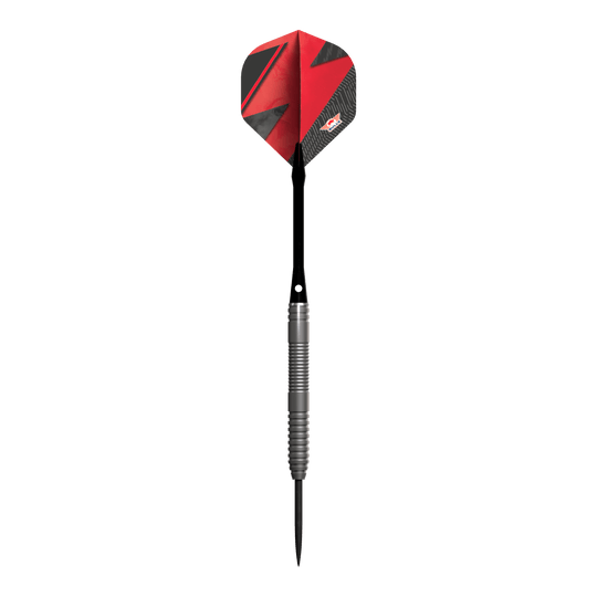 Bulls NL Lightning Red Steeldarts Das Bild zeigt einen Steeldart-Pfeil mit einem silbernen Griff und einer roten Flights. Der Pfeil trägt das Design und Logo der Marke Bulls NL Lightning Red.