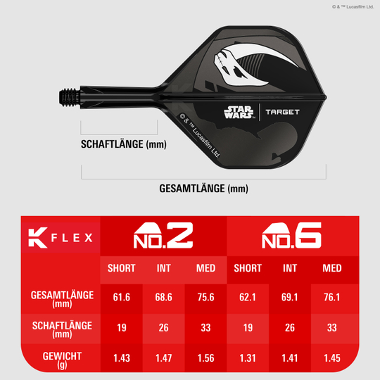 Target Star Wars K-Flex Set Mandalorian No6 Flights Abgebildet ist das Target Star Wars K-Flex-Set Mandalorian No2 Standard Flights. Die Flights zeigen ein Design im Stil von Mandalorian aus Star Wars.