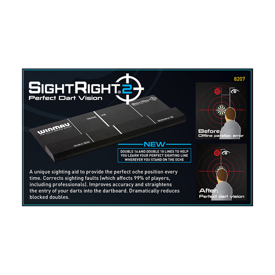 8207_Winmau_SightRight2_2 Das Bild zeigt das Produkt "Winmau SightRight 2", ein Zielsicht-Hilfsmittel für Dartspieler. Es hilft dabei, die perfekte Wurfposition zu finden und die Genauigkeit beim Dartspielen zu verbessern.