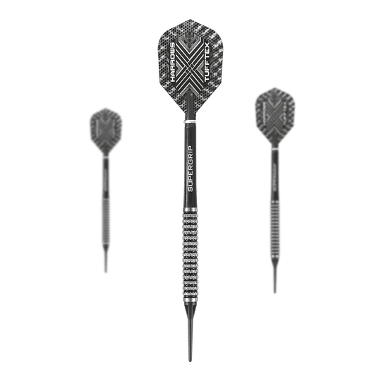 Harrows Nemesis Softdarts Das Bild zeigt drei Harrows Nemesis Softdarts mit schwarzem und silbernem Design. Die Darts haben strukturierte Griffe und auffällige Flights mit dem Schriftzug "Harrows TUFFTEX".