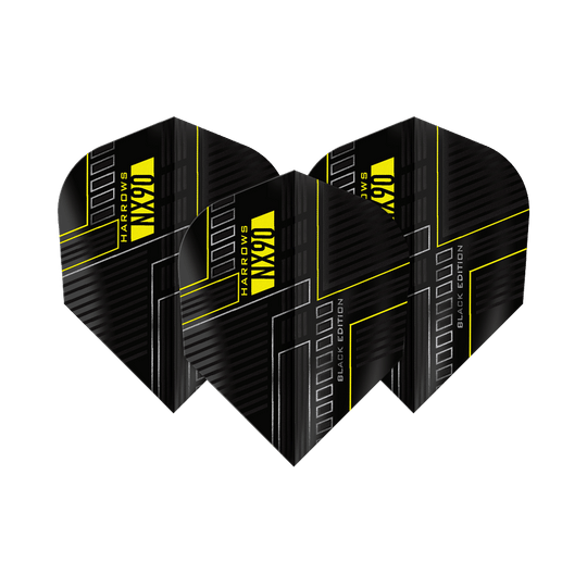 Alette Harrows NX90 Black Edition No6 Das Bild zeigt drei schwarze Dart-Flights mit dem Namen "Harrows NX90 Black-Edition No6". Die Flights haben ein modernes Design mit gelben Linien und Schriftzügen.