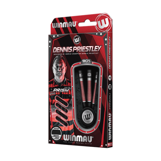 2452_Winmau_Dennis_Priestley_Special_Edition_Softdarts_3 Die Abbildung zeigt die Winmau Dennis Priestley Special Edition Softdarts mit einem Gewicht von 22 Gramm. Die Verpackung ist rot-schwarz gestaltet und enthält drei Darts sowie das Bild eines Spielers.