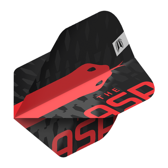Target Pro Ultra Nathan Aspinall No2 Standard Flights - 3 sady Das Bild zeigt ein Dart-Flight mit einem schwarzen und roten Design sowie der Aufschrift „THE ASP“. Auf dem Flight ist eine stilisierte rote Schlange abgebildet.