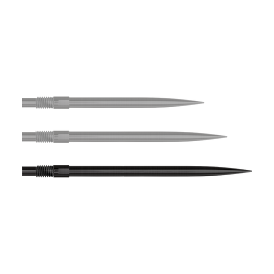 Harrows Quick Point Dart Tips - Black Auf diesem Bild sind 40 mm lange, schwarze Dartspitzen dargestellt. Die Spitzen werden nebeneinander angeordnet gezeigt.