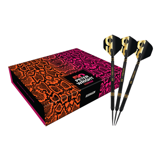 Red Dragon Peter Wright 50 Years Player Limited Edition Steeldarts - 21g Red Dragon Peter Wright 50 Years Player Limited Edition Steeldarts - 21g. Das Bild präsentiert den limitierten Steeldartpfeil als vollständiges Set.