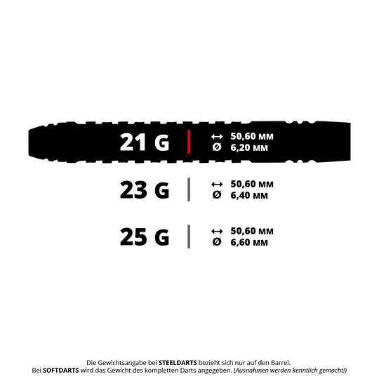 Stalowe lotki Unicorn Wraith Das Bild zeigt verschiedene Gewichte und Maße von Unicorn Wraith Steeldarts. Für 21 g beträgt der Durchmesser 6,2 mm, für 23 g 6,4 mm und für 25 g 6,6 mm, jeweils bei einer Länge von 50,6 mm.