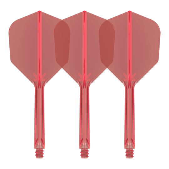 System lotu Target K-Flex No6 - czerwony Auf dem Bild sind drei rote Dart-Flights mit integrierten Schäften zu sehen. Sie stehen nebeneinander und sind identisch gestaltet.