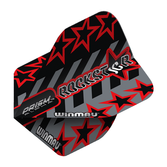 6915-713_Winmau_Prism_Alpha_Joe_Cullen_GreyBlack_Standard_Flights_2xy5UMFPFE9Hck Das Bild zeigt ein Dartflight mit dem Namen "Winmau Prism Alpha Joe Cullen GreyBlack Standard Flights". Das Design ist grau und schwarz mit roten Sternen und der Aufschrift "ROCKSTAR".