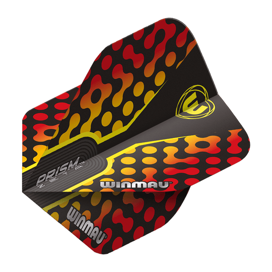 6915-308_Winmau_Prism_Zeta_RedOrange_Standard_Flights_2 Das Bild zeigt die Winmau Prism Zeta RedOrange Standard Flights für Dartpfeile. Das Design ist schwarz mit roten und orange-gelben Mustern und dem Winmau-Logo.