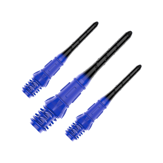 L-Style Premium Lippoint Gradiation Dartspitzen (30er Pack) Das Bild zeigt drei schwarze und blaue Dartspitzen aus Kunststoff. Sie sind nebeneinander auf einem transparenten Hintergrund angeordnet.