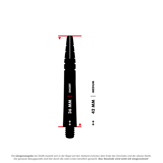 C440_Red_Dragon_Nitrotech_Shafts_5_36mm Das Bild zeigt zwei verschiedene Längen der Red Dragon Nitrotech Peter Wright Shafts - Black Gold. Die kurze Version ist 36 mm lang, die mittlere Version ist 42 mm lang.