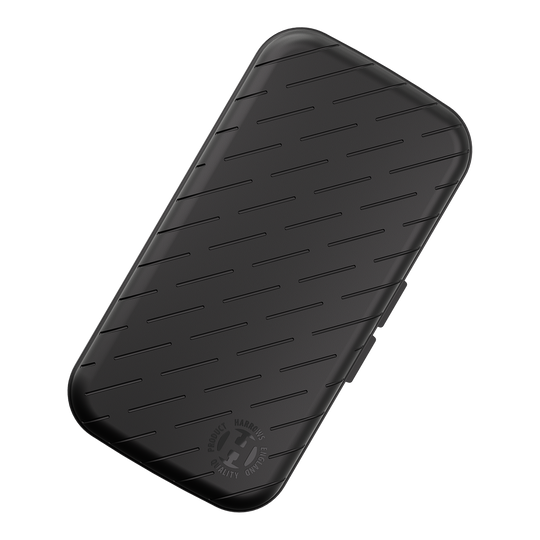 Custodia per freccette Harrows Slimcase Dies ist ein schlankes, schwarzes Etui mit schrägen Linien auf der Oberfläche. In der Ecke befindet sich ein rundes Harrows-Logo.