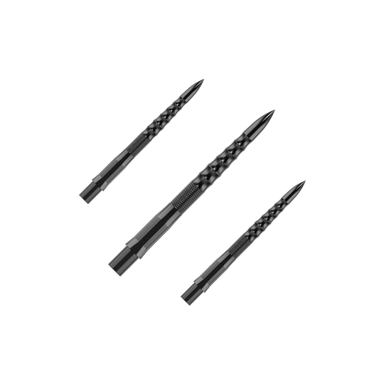 Puntas de dardos Mission Caliburn EVO - Ondulación - Negro Auf dem Bild sind drei schwarze Steeldartspitzen mit einem geriffelten Muster zu sehen. Sie sind als Set angeordnet und haben eine Länge von 26 mm.