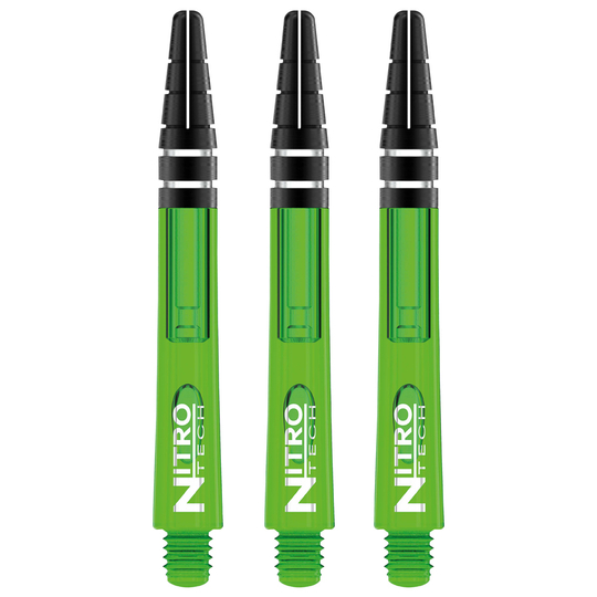 Das Bild zeigt drei grüne RedDragon Nitrotech Shafts. Sie sind für Dartpfeile und haben schwarze Spitzen.