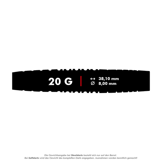 Měkké šipky Red Dragon Rifle - 20g Das Bild zeigt die Red Dragon Rifle Softdarts mit einem Gewicht von 20 Gramm. Die Maße sind 38,10 mm Länge und 8,00 mm Durchmesser.
