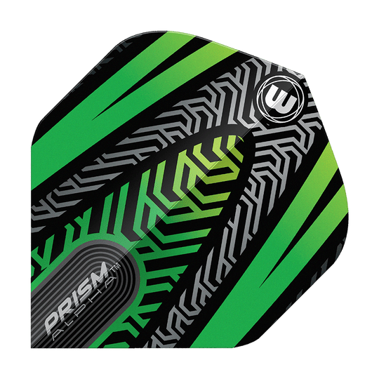 Standardní letky Winmau Prism Alpha Black Green č. 2 Das Bild zeigt ein Winmau Prism Alpha Schwarz Grün No2 Standard Flight. Das Design ist schwarz mit grünen und silbernen Mustern sowie dem Winmau-Logo.
