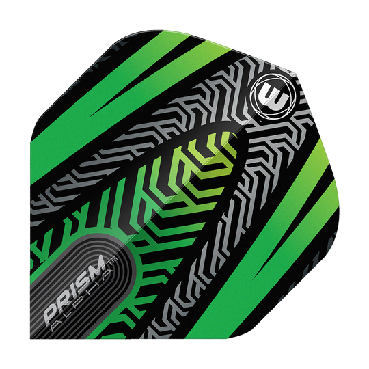 Standardní letky Winmau Prism Alpha Black Green č. 2 Ein einzelner Winmau Prism Alpha Schwarz No2 Standard Flight wird präsentiert. Konturen und Details sind klar zu erkennen.