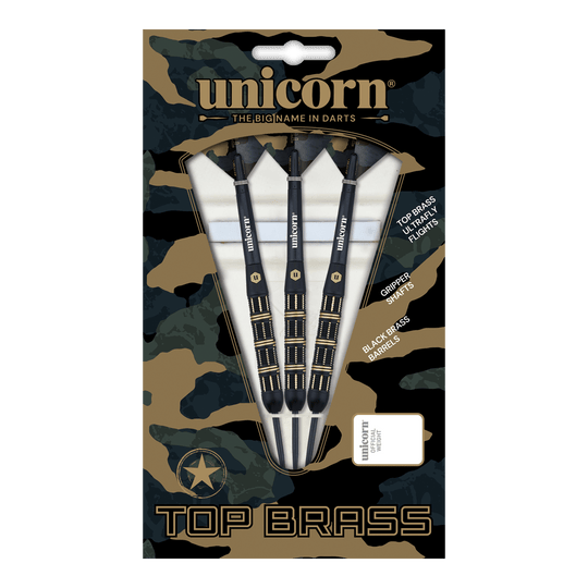 Steeldarts Unicorn Top Brass V3 - 21g Auf dem Bild ist das Produkt „Unicorn Top Brass V3 Steeldarts - 21g“ zu sehen. Die Verpackung enthält drei schwarze Darts mit goldenen Akzenten und weiß-schwarzen Flights.