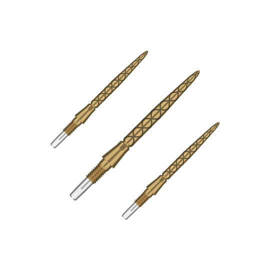 Target Swiss Storm Diamond Point Dart Tips - Gold Das Bild zeigt drei goldene Dartspitzen mit einem Rautenmuster. Die Spitzen haben einen silbernen, metallischen Bereich zum Einschrauben.