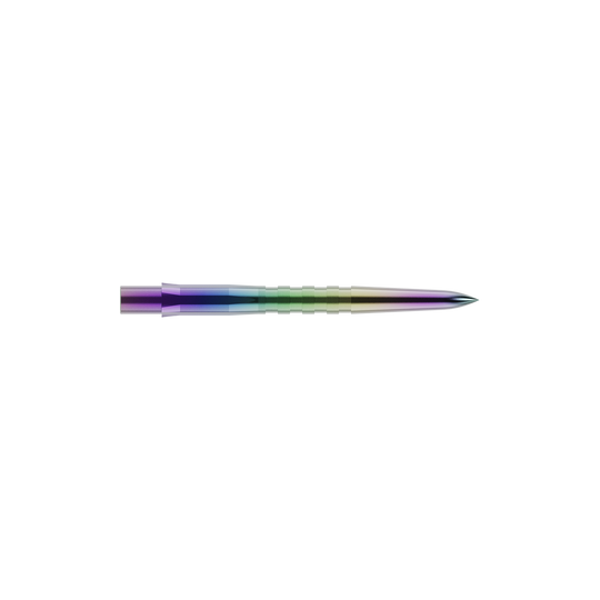 Puntas de dardos Mission Caliburn EVO - Ranuradas - Coral Dies ist eine bunte, gerillte Steeldartspitze. Sie hat eine glänzende Oberfläche mit Farbverlauf und ist vorne spitz zulaufend.