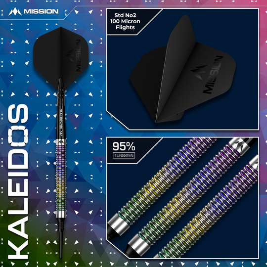Hier ist Mission Kaleidos Softdarts - 19g zu sehen. Die Darts eignen sich perfekt für elektronische Dartboards.