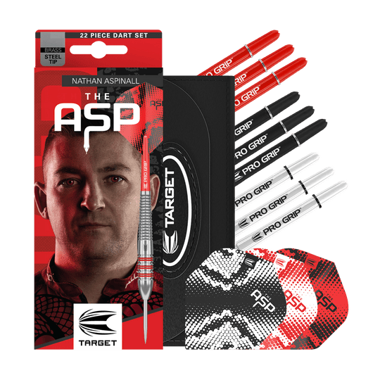 Šipky Target Nathan Aspinall Brass Steel - 22g Zu sehen sind die Target Nathan Aspinall Brass Steeldarts mit 22 Gramm Gewicht. Diese Darts sind ideal für präzises Steeldart-Spiel.