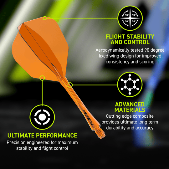 Winmau Fusion Flight-Shaft-System No6 Neon Orange Abgebildet ist das Winmau Fusion Flight-Shaft-System No6 Neon Orange. Dieses Dartzubehör verbindet Flight und Shaft in einem Teil.