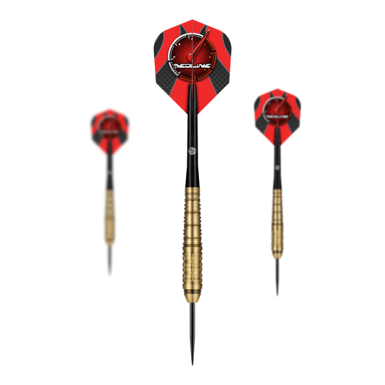 Dardos de acero Shot Redline Mach 1 Das Bild zeigt drei Steeldarts des Produkts "Shot Redline Mach 1". Die Darts haben rote Flights mit einem Logo und goldene Griffe.