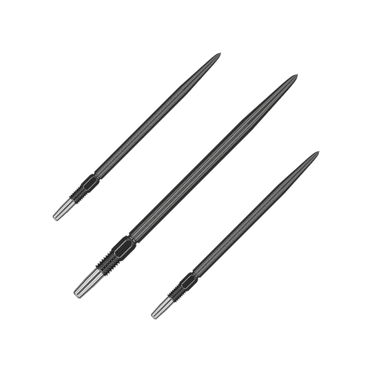 Target Swiss Point Nano Dart Tips - Black Auf dem Bild sind drei schwarze Dartspitzen zu sehen, die nebeneinander liegen. Sie sind schlank, spitz und haben ein geriffeltes Griffstück.