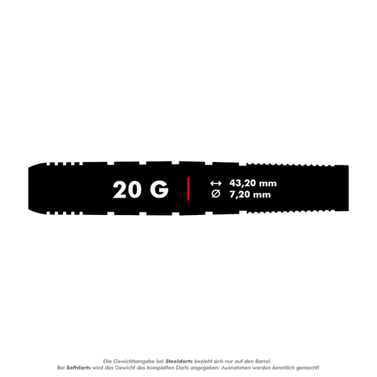 RD2402_Red_Dragon_Luke_Humphries_2021_Softdarts_5_20g Das Bild zeigt einen Softdart mit einem Gewicht von 20 Gramm. Die Maße des Darts sind 43,20 mm Länge und 7,20 mm Durchmesser.