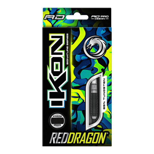 Red Dragon Ikon 3 Steeldarts Auf dem Bild ist die Verpackung der "Red Dragon Ikon 3 Steeldarts" zu sehen. Die Packung ist bunt gestaltet und hebt hervor, dass die Darts aus 85% Tungsten bestehen.