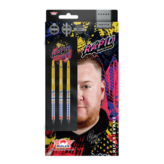 Bulls NL Ricky Evans Rapid Edition One Softdarts - 20g Das Bild zeigt die Verpackung der "Bulls NL Ricky Evans Rapid Edition One Softdarts - 20g". Auf der Verpackung sind drei Softdarts und ein Porträt von Ricky Evans abgebildet.