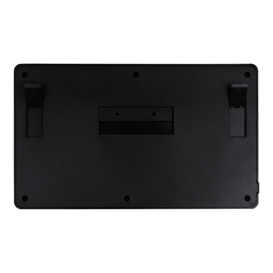 Počítadlo šipek XQMax Dublin Das Bild zeigt die Rückseite des XQMax Dublin Dart Counter. Die Oberfläche ist schwarz mit zwei ausklappbaren Ständern und mehreren Befestigungspunkten.