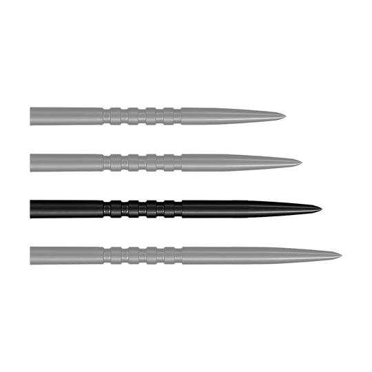 Pointes de fléchettes en acier Shot Grip Point - Noires Das Bild zeigt vier schwarze Stahlspitzen für Steeldarts, die nebeneinander liegen. Jede Spitze ist 38 mm lang und hat gerillte Griffzonen.